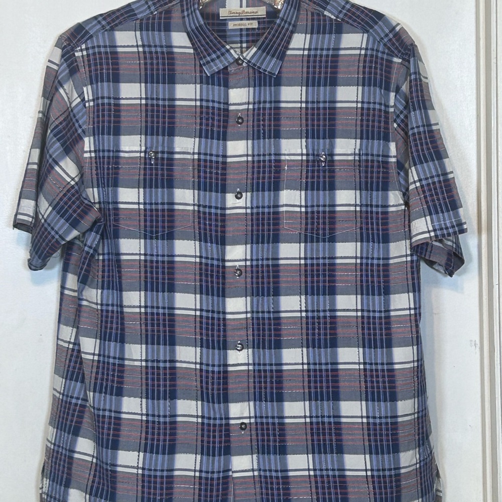 Tommy Bahama Mens XXL Blue Plaid Silk Cotton Short Sleeve Button Up TB318175